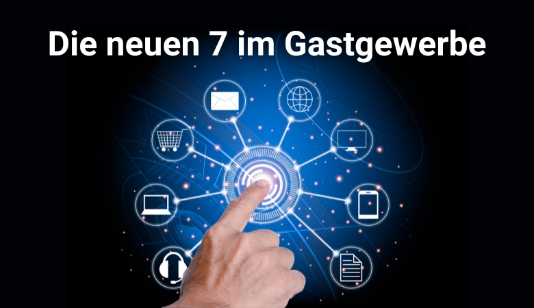 Ein Finger zeigt auf die Mitte eines Bildschirms und löst damit einen Effekt aus. Es bildet sich ein Kreis, der digitale Elemente hervorruft und mögliche Aktionen in Form von Icons zeigt.