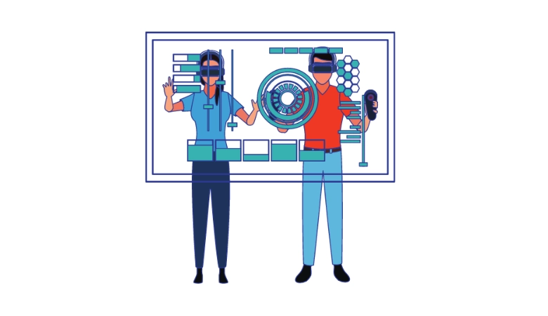 Ein Mann und eine Frau stehen nebeneinander vor einer Projektion. Beide tragen eine VR-Brille.