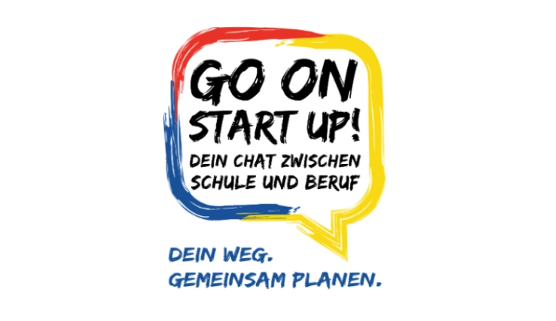 Eine bunte Sprechblase, die das Logo des Go on start up! Projekts darstellt.
