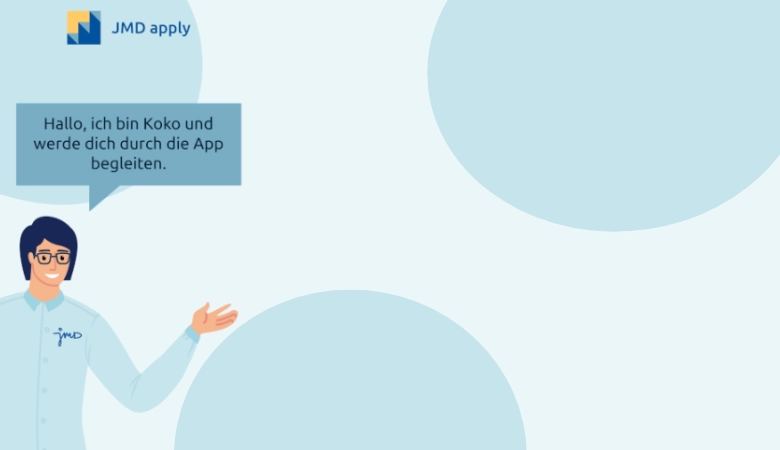 Im Vordergrund befindet sich der virtuelle JMD-Berater. Oberhalb davon ist das „JMD apply“ App Logo.