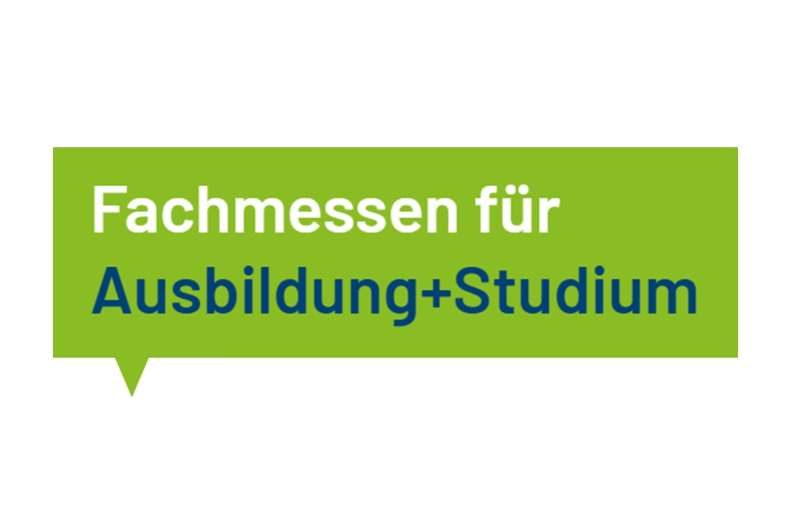 In einer grünen Sprechblase steht "Fachmesse für Ausbildung+Studium"